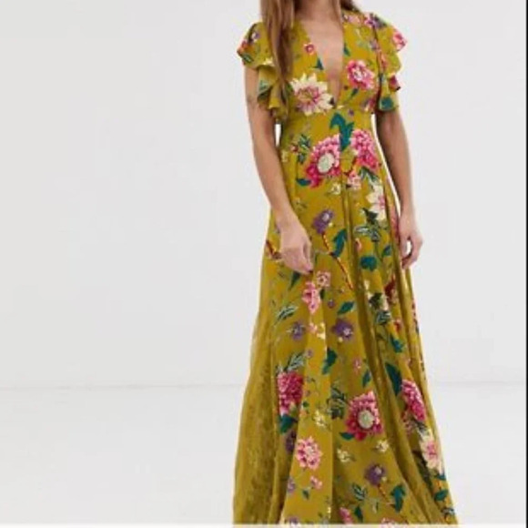 ASOS Petite Dresses & Skirts - ASOS DESIGN Petite maxi dress with lace godets in mustard floral print size 4P